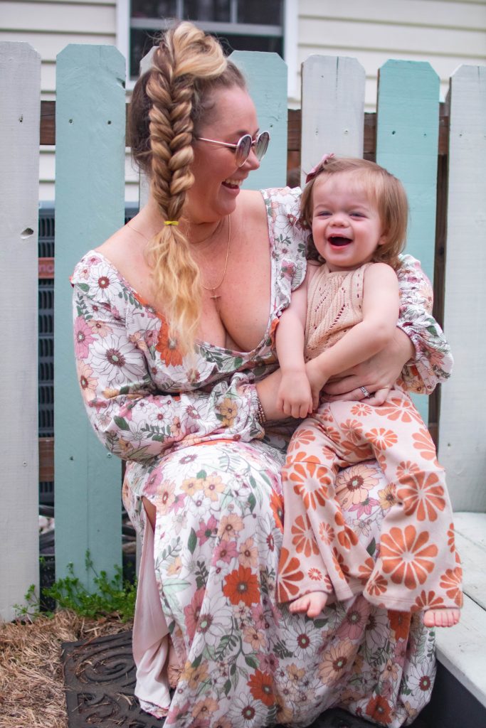 Nicki odom with daughter in retro spring style fashion laughing