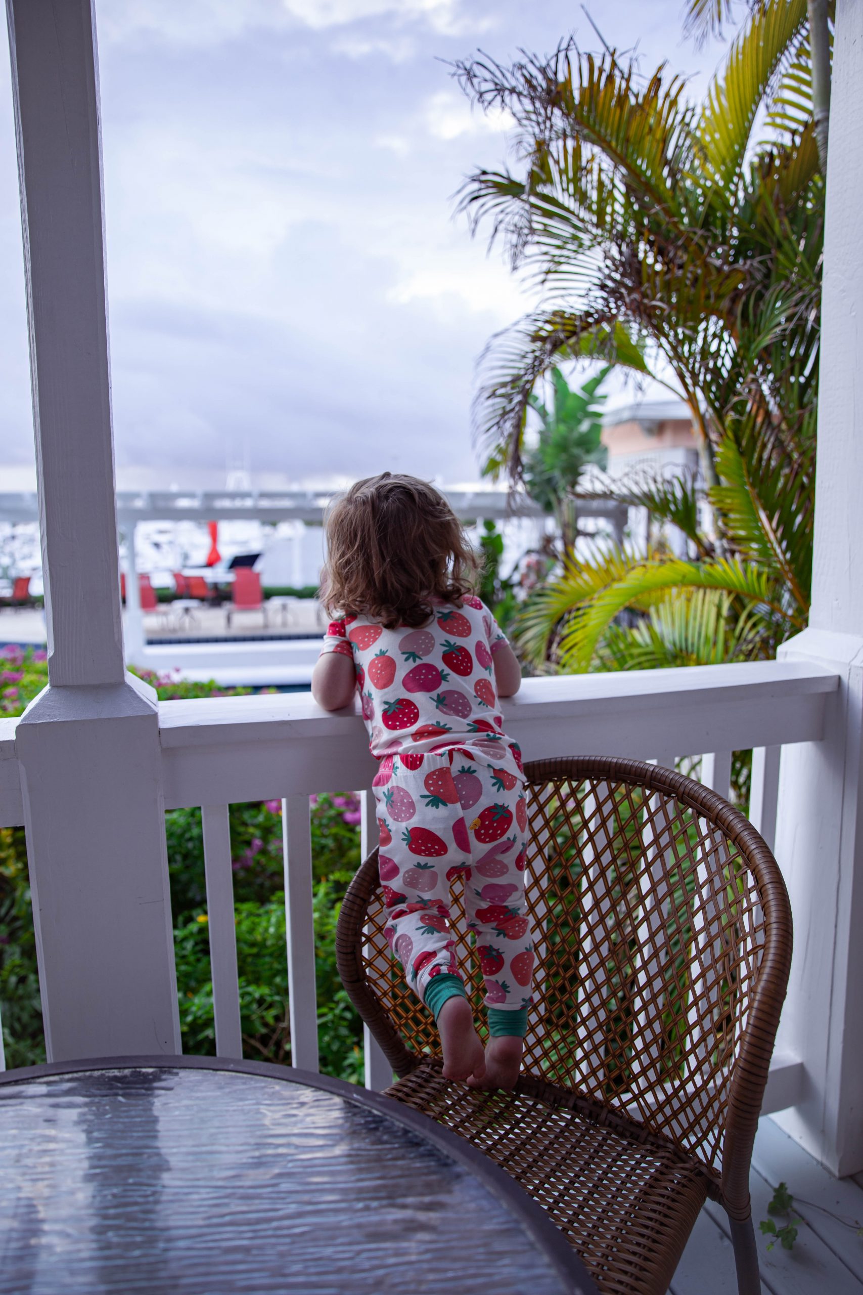Toddler girl in pajamas at Hope Town Inn and Marina Bahamas