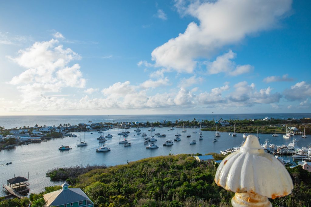 Hope Town bay area full of sailboats in the Bahamas