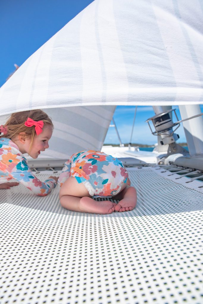 Nicki Odom daughters on sailing catamaran Hope Town Bahamas