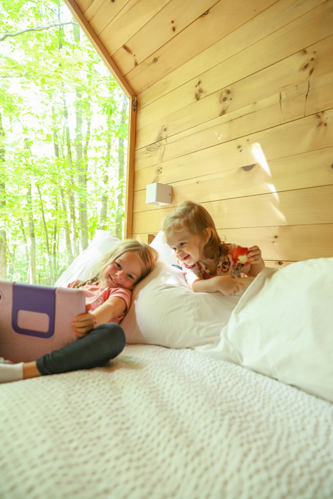 Wanderlust Family Retreats with two toddlers in the cabin at Gather Greene