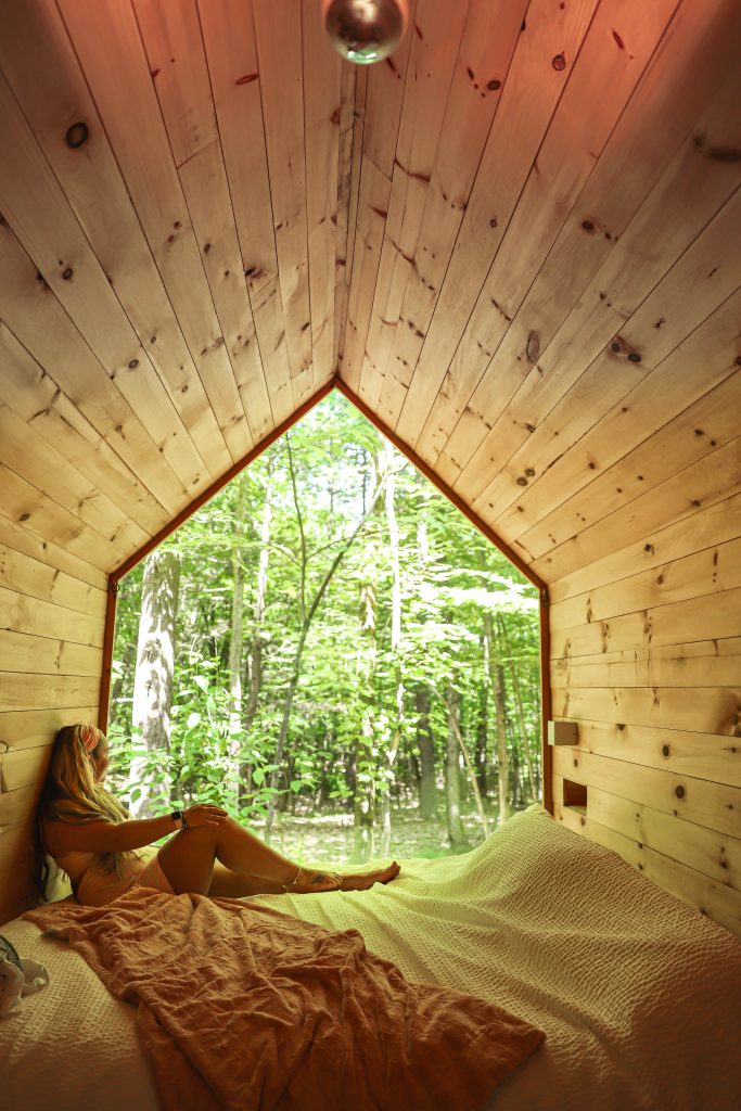 Nicki Odom in Gather Greene cabin with Wanderlust Family Retreats