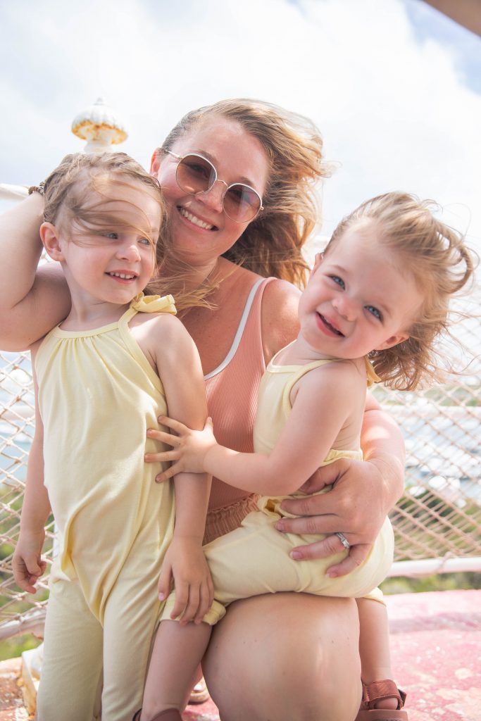 Nicki Odom with daughters at Elbow Reef Lighthouse in the Bahamas