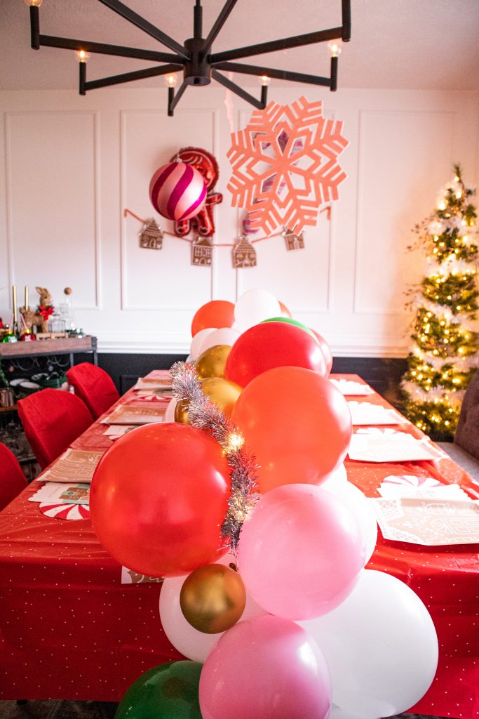 Christmas gingerbread house making party dining table decorations