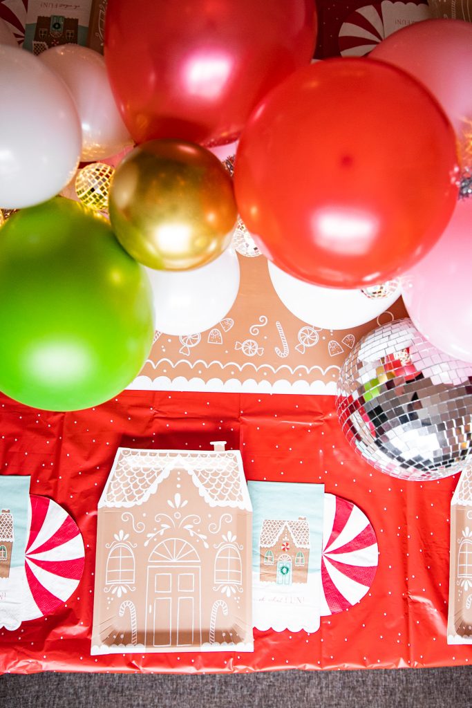 Christmas gingerbread house making party dining table decorations