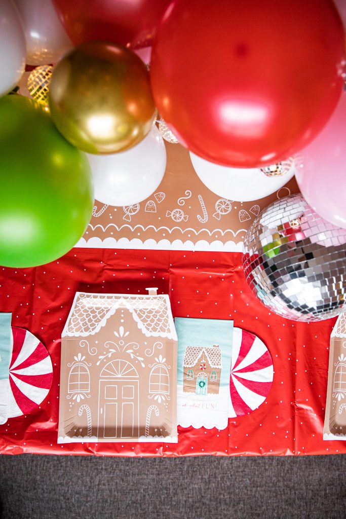 Christmas gingerbread house making party dining table decorations