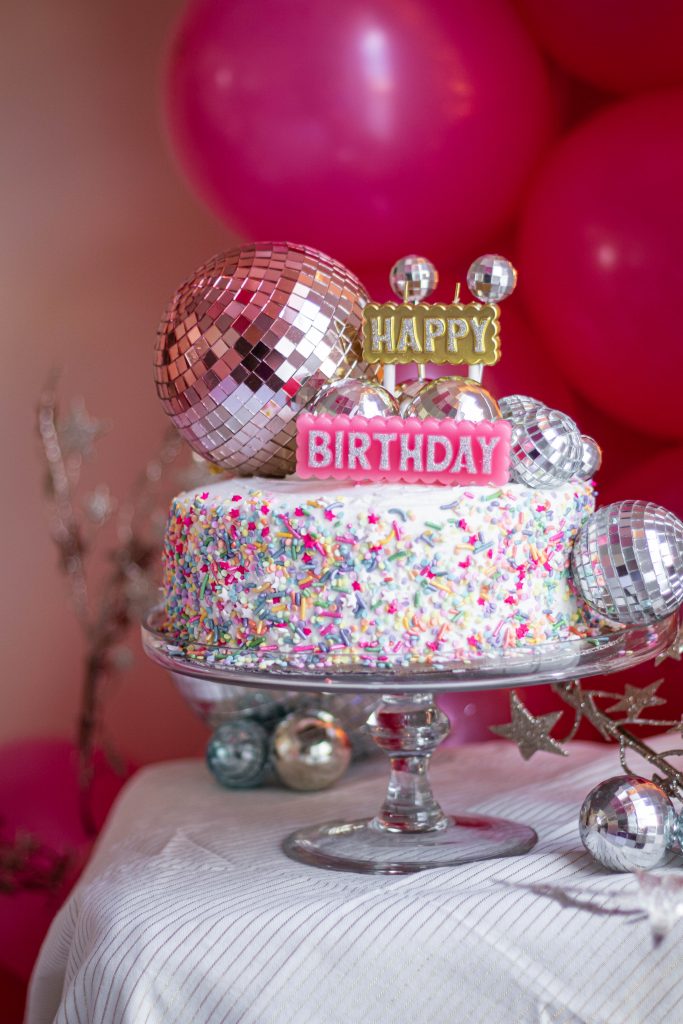 Birthday cake with disco balls for Nicki Odom's 35th Birthday