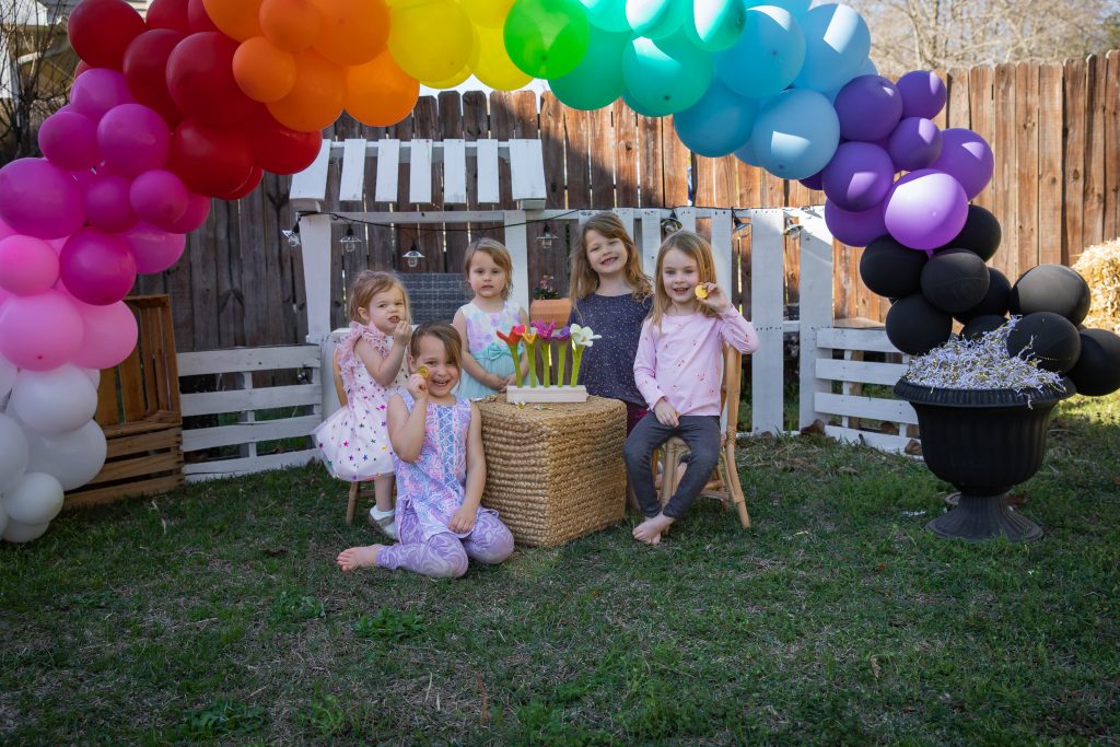 Kids Market St. Patrick's Day Pot Of Gold Toddler girls tea party under rainbow balloon arch