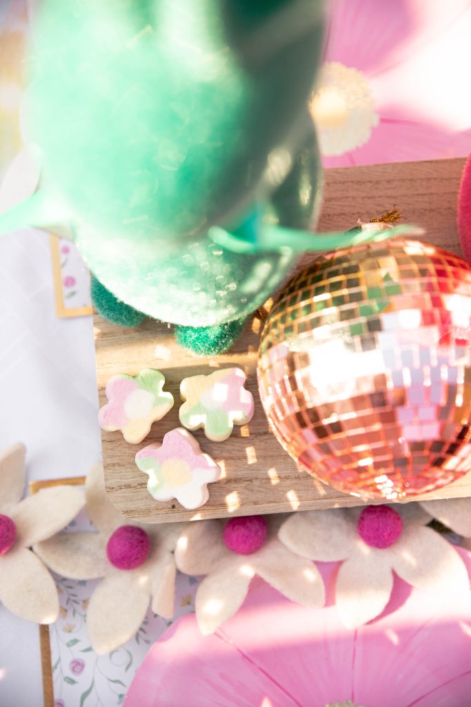 Easter party table decorations disco ball and flocked bunnies
