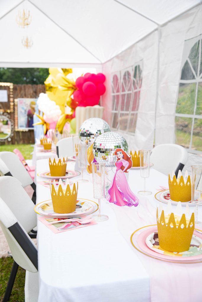 Disney Princess birthday party kids table setup