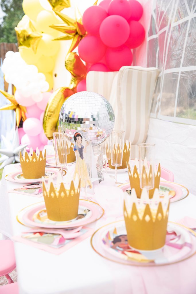 Disney Princess birthday party kids table setup