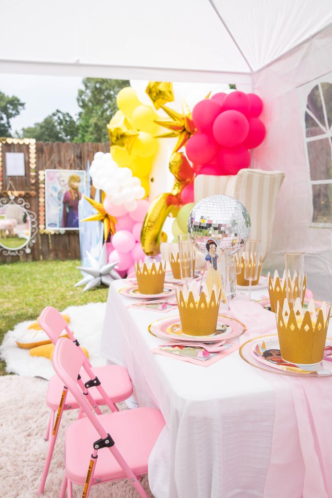 Disney Princess birthday party kids table setup
