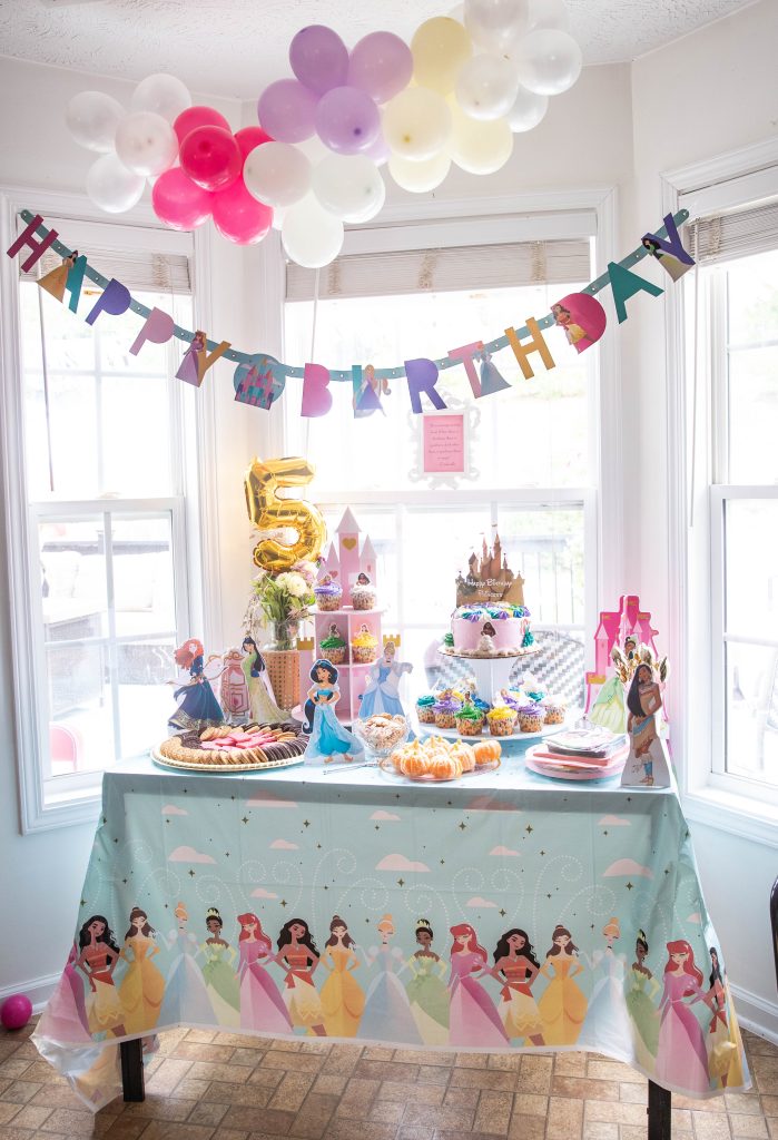 Disney Princess Birthday Party with Princes snack and beverage table