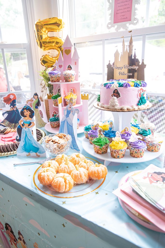 Disney Princess birthday party kids table setup