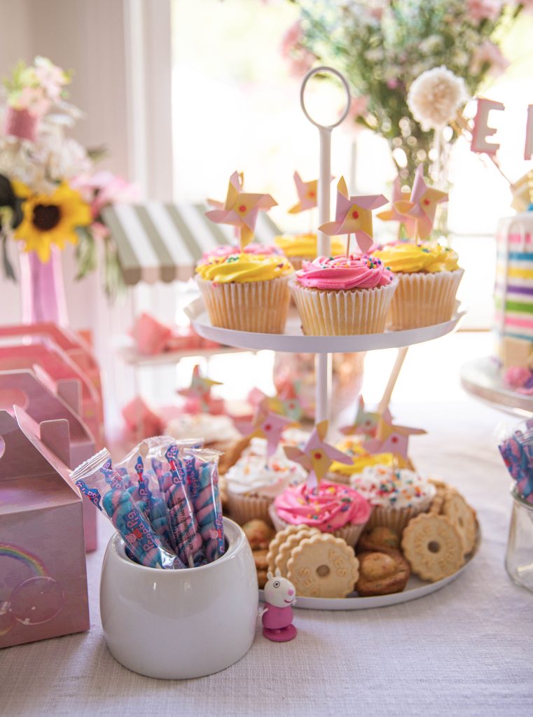 Peppa Pig Pastel Birthday Party cake and snack table
