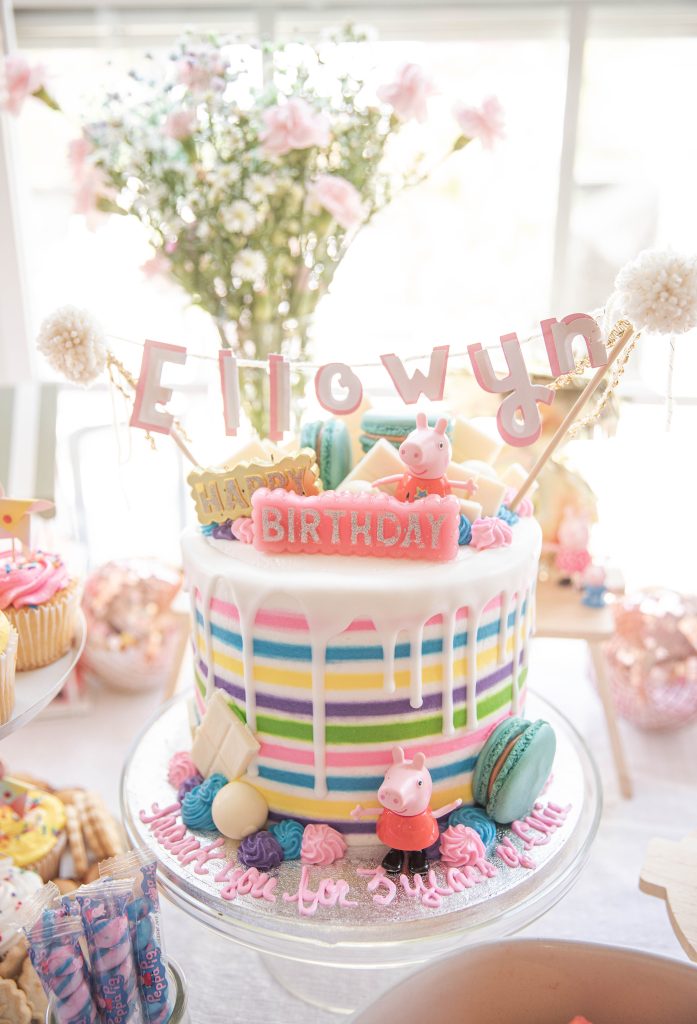Peppa Pig Pastel Birthday Party cake and snack table