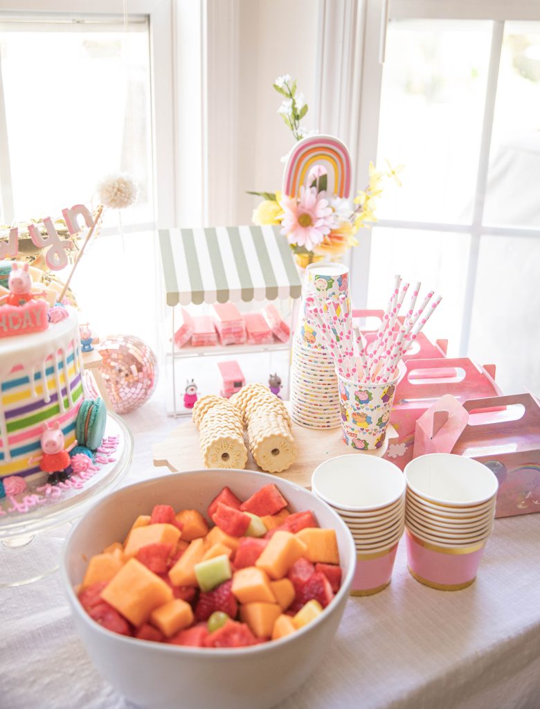 Peppa Pig Pastel Birthday Party cake and snack table