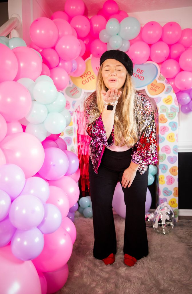 Galentines Day Make and Take DIY Craft Party with balloon arches and conversation hearts Nicki Odom