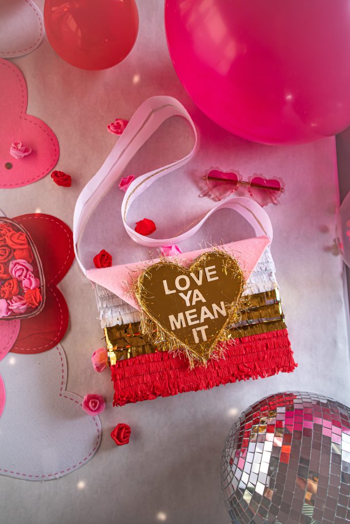 Valentine's day flatlay with Heart DIY Messenger bag