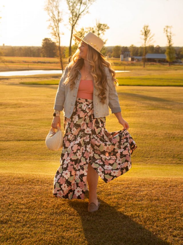 Nicki Odom in floral maxi skirt for cottage core fashion