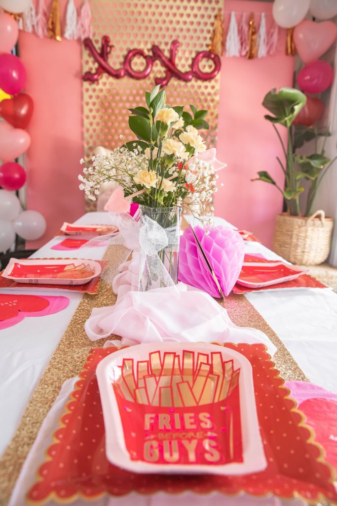 Golden glam Galentine's Day bash main dinner table decor