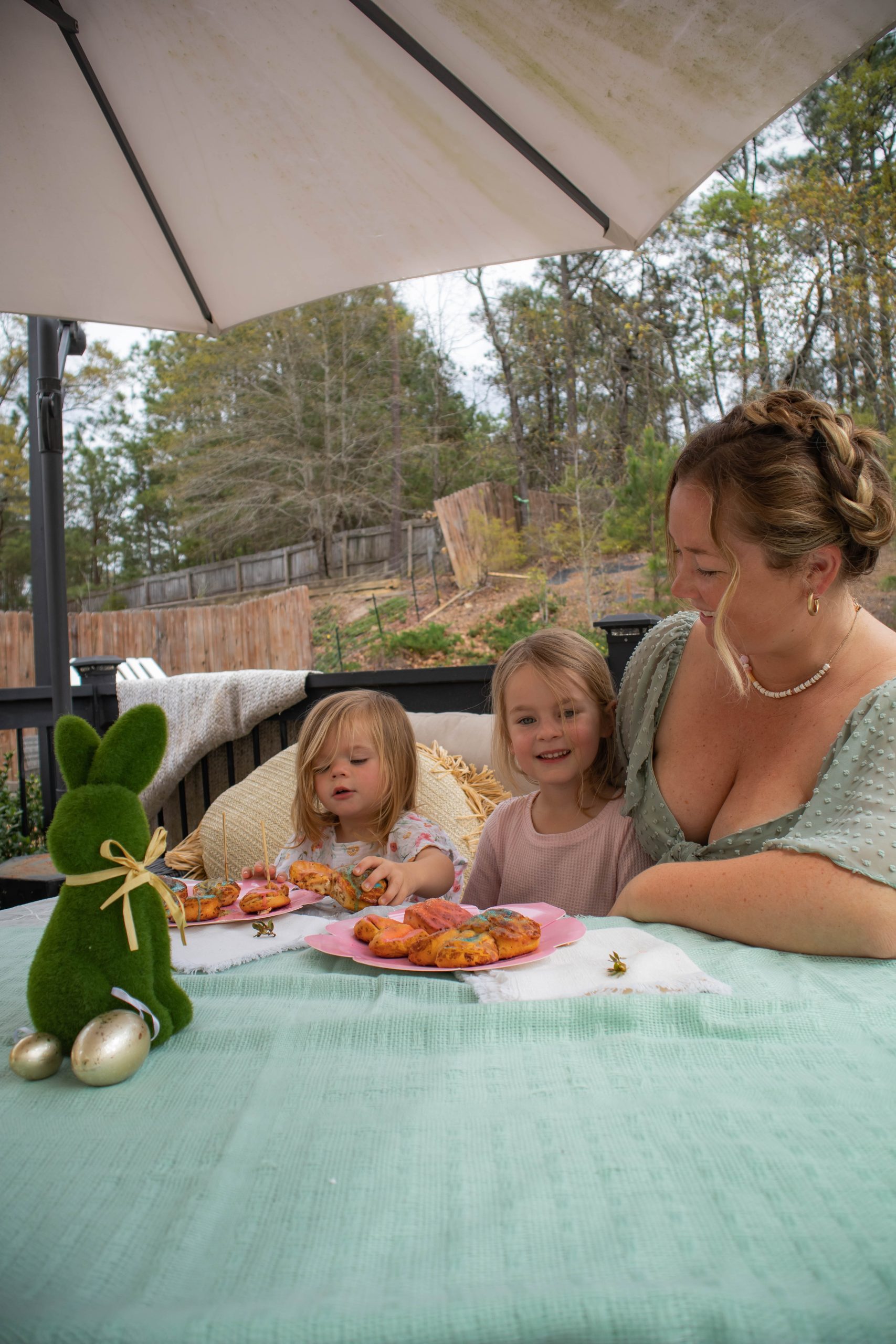 Nicki Odom with daughters having Easter Brunch Cinnabunnies