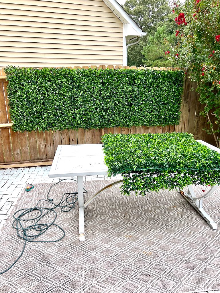 Designer Plants white flowering boxwood panels being put up on wood privacy fence