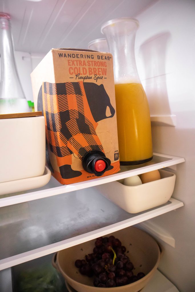 Wandering Bear Cold Brew Pumpkin Spice coffee in the refrigerator