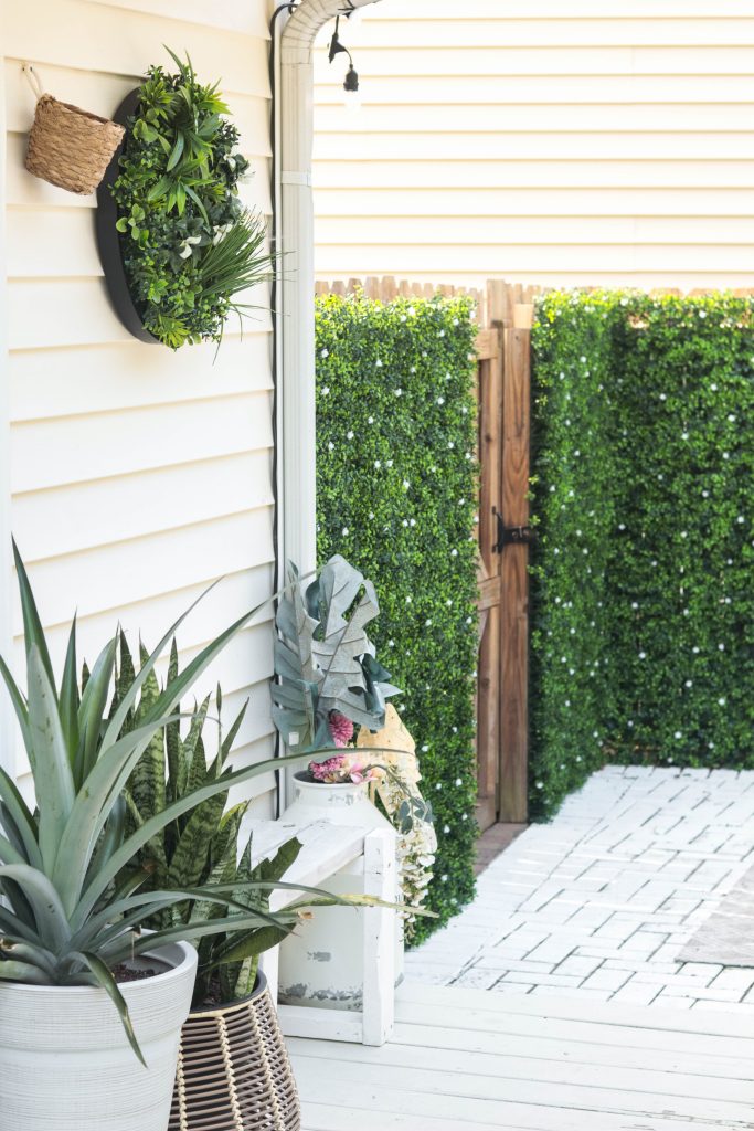 Nicki Odom DIY outdoor patio makeover with Designer Plants Artificial boxwood