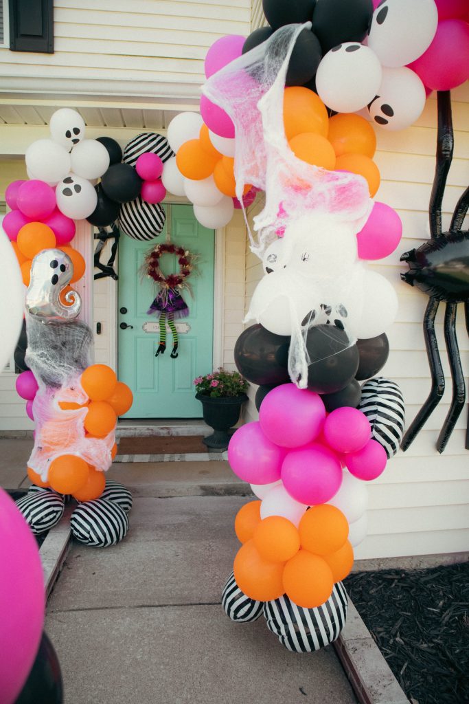 Halloween party front porch decorations with balloons