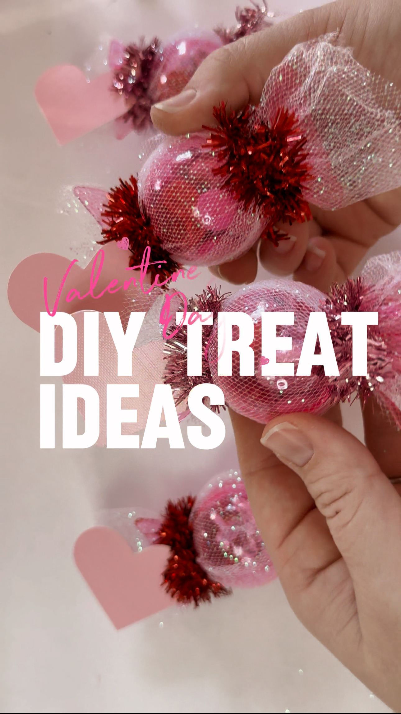 Valentines treat with container of chocolate, tulle and tinsel