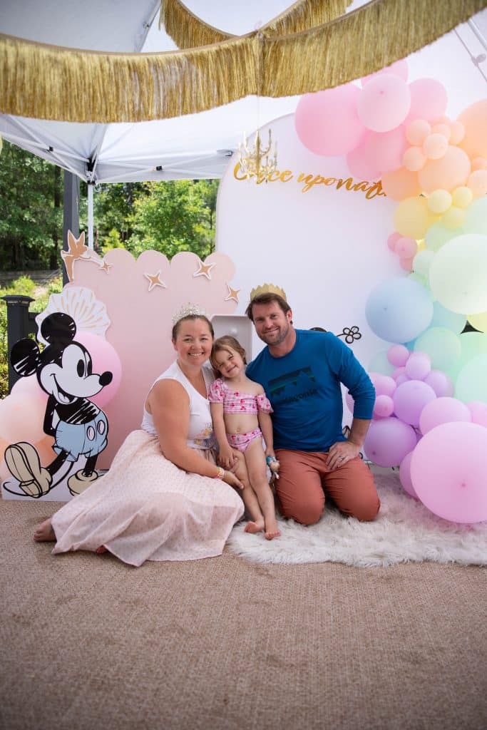 4 Ever A Princess Birthday Party mom, dad and birthday girl