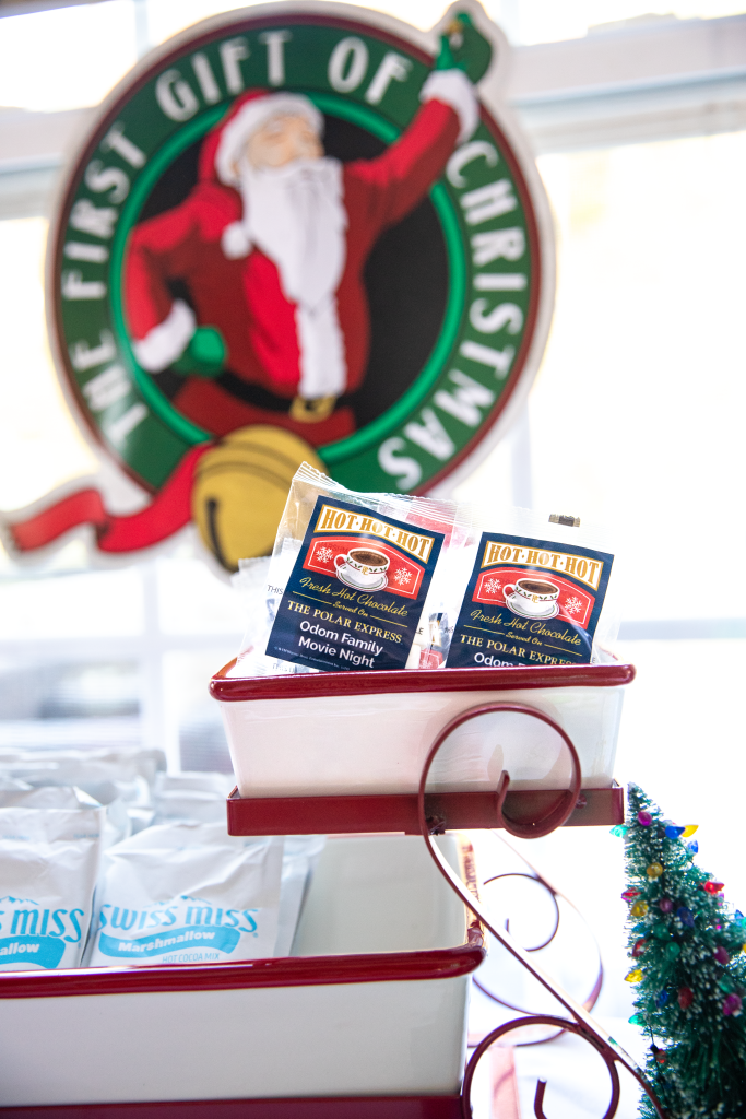 Hot chocolate packets for Polar Express movie night party