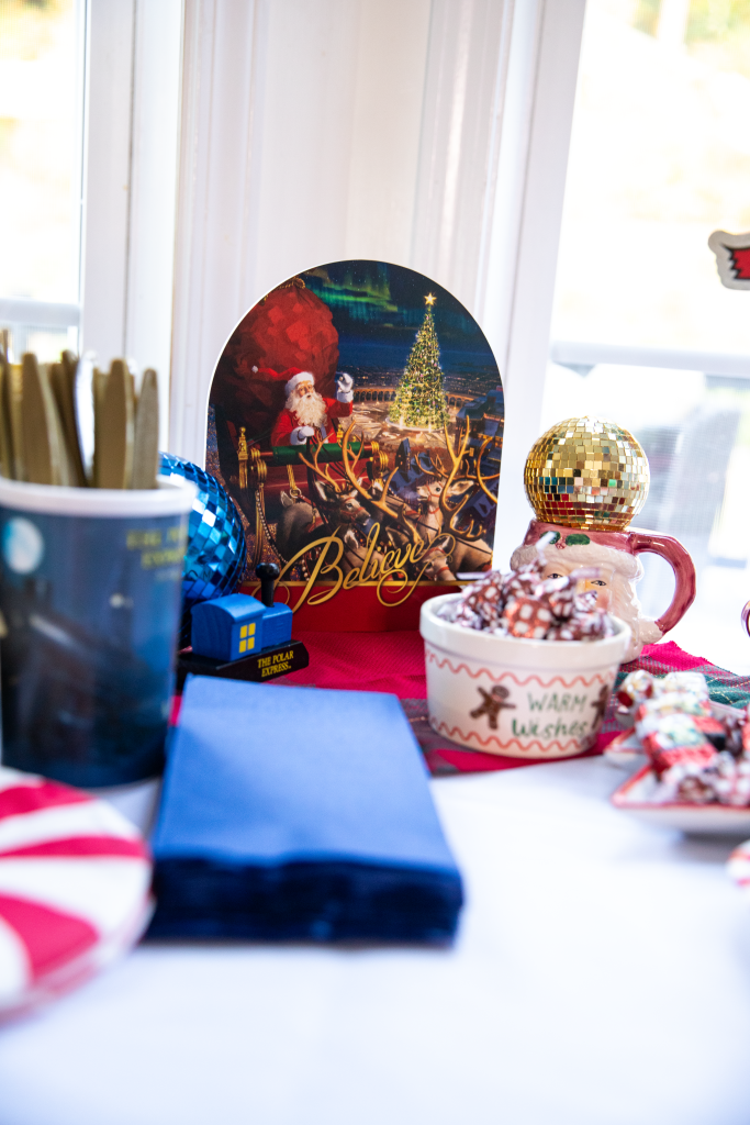 Hot chocolate snack area for Polar Express movie night party